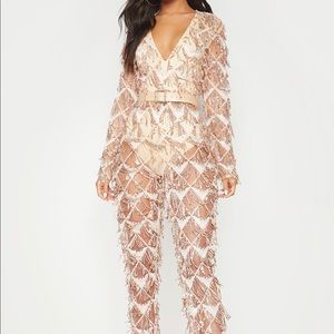Rose Gold Tassel Sequin Plunge Jumpsuit